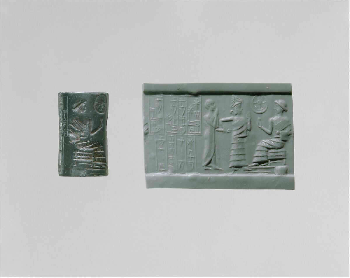 Cylinder seal: seated figure approached by a goddess leading a worshiper, Hematite, Neo-Sumerian 