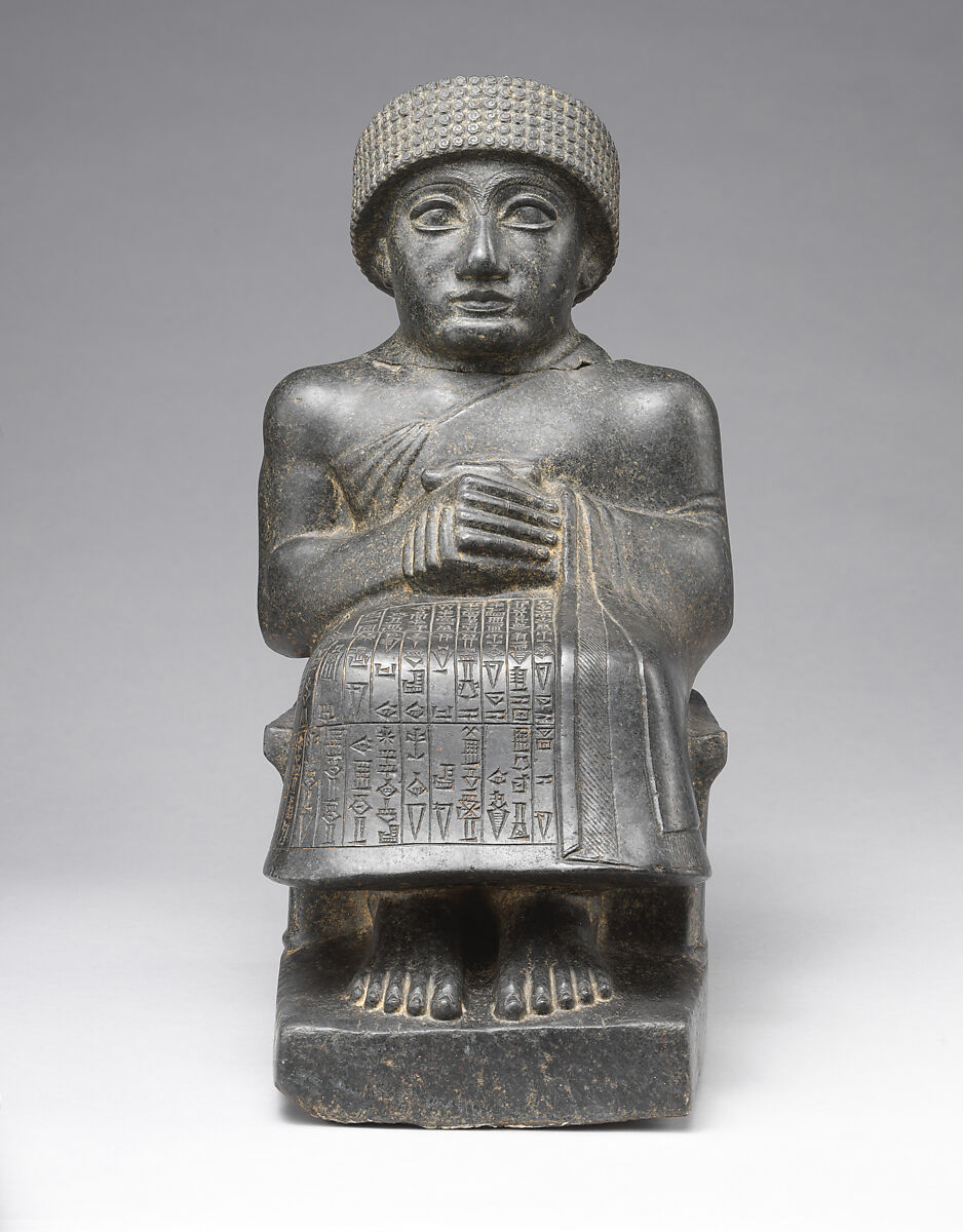 Statue of Gudea, named “Gudea, the man who built the temple, may his life be long”, Diorite, Neo-Sumerian 