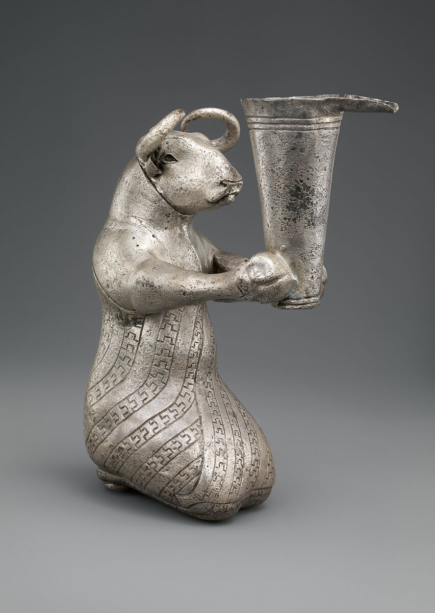 Kneeling bull holding a spouted vessel, Silver, Proto-Elamite