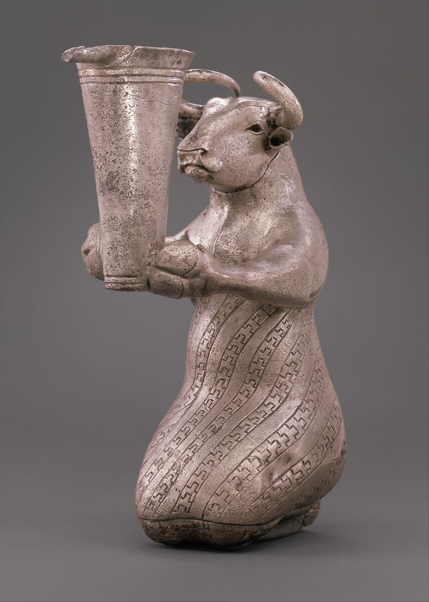 Kneeling bull holding a spouted vessel, Silver, Proto-Elamite 
