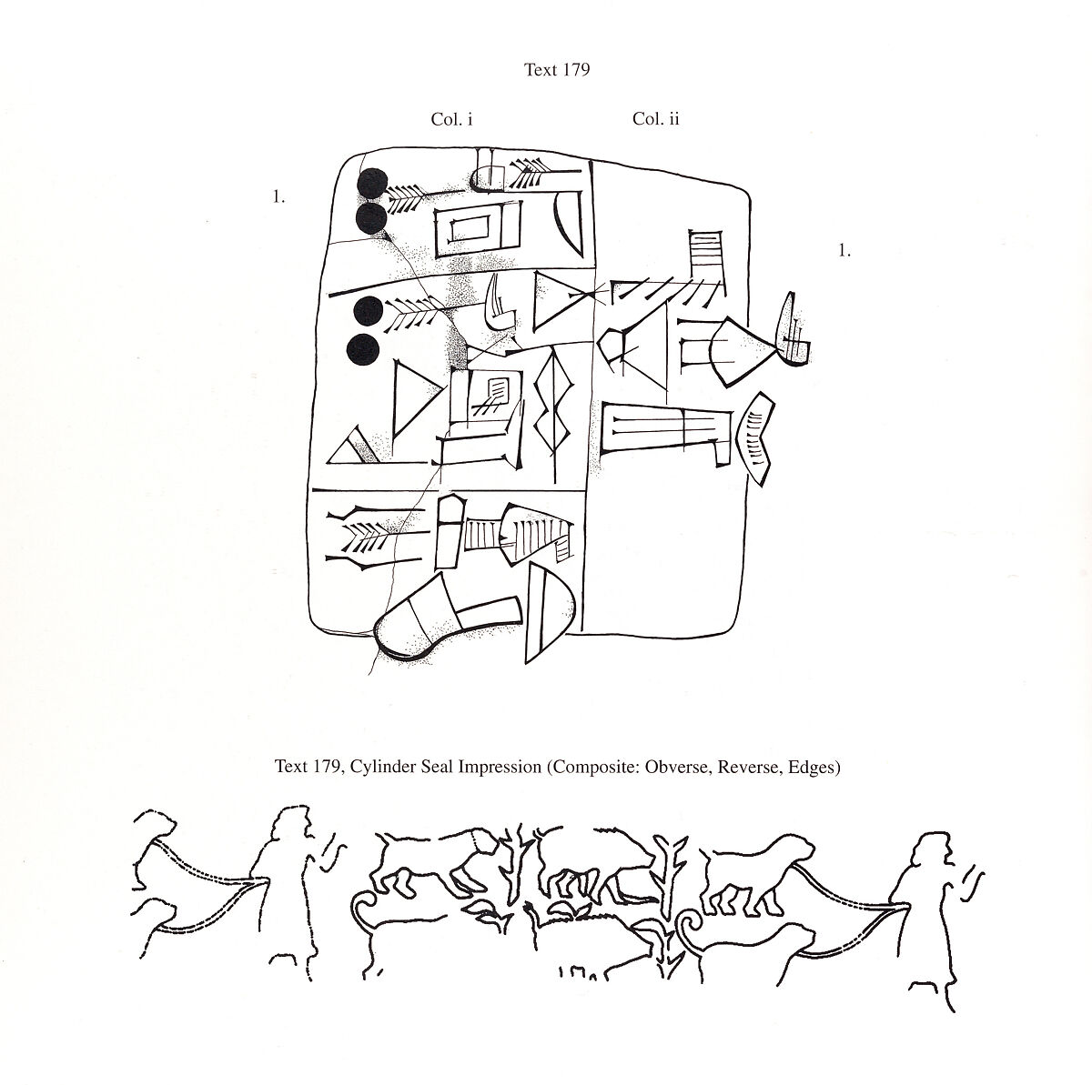 Proto-Cuneiform tablet with seal impressions: administrative account of barley distribution with cylinder seal impression of a male figure, hunting dogs, and boars, Clay, Sumerian