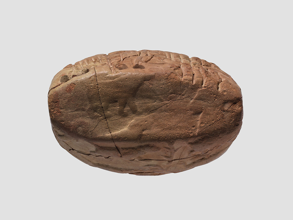 Proto-Cuneiform tablet with seal impressions: administrative account of barley distribution with cylinder seal impression of a male figure, hunting dogs, and boars, Clay, Sumerian