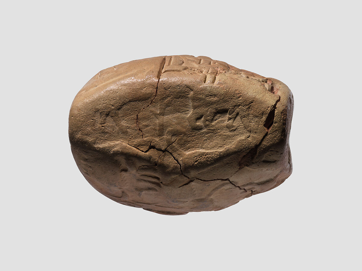 Proto-Cuneiform tablet with seal impressions: administrative account of barley distribution with cylinder seal impression of a male figure, hunting dogs, and boars, Clay, Sumerian