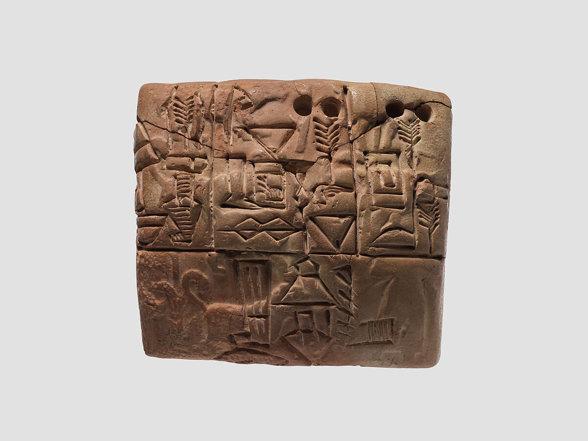 Proto-Cuneiform tablet with seal impressions: administrative account of barley distribution with cylinder seal impression of a male figure, hunting dogs, and boars, Clay, Sumerian
