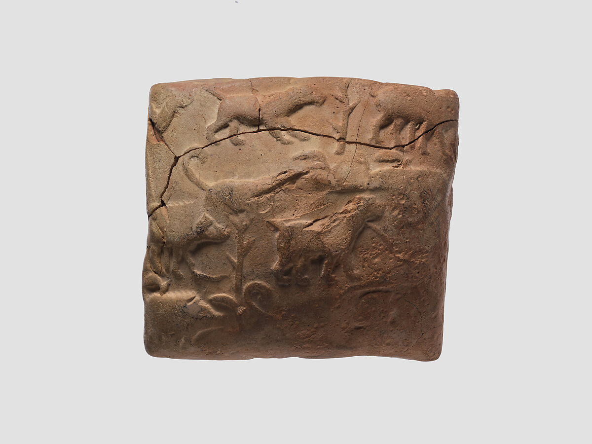 Proto-Cuneiform tablet with seal impressions: administrative account of barley distribution with cylinder seal impression of a male figure, hunting dogs, and boars, Clay, Sumerian