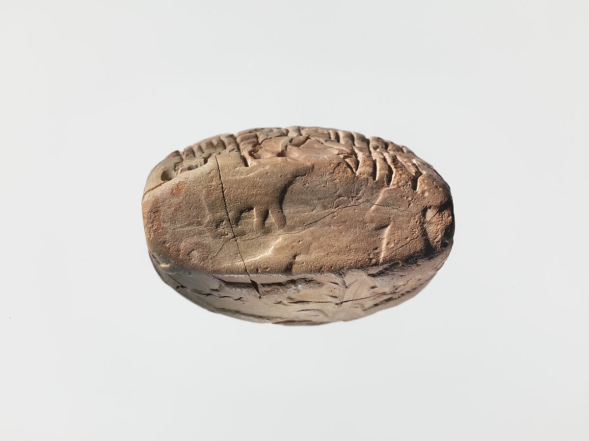 Proto-Cuneiform tablet with seal impressions: administrative account of barley distribution with cylinder seal impression of a male figure, hunting dogs, and boars, Clay, Sumerian