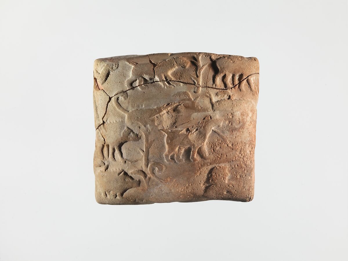 Proto-Cuneiform tablet with seal impressions: administrative account of barley distribution with cylinder seal impression of a male figure, hunting dogs, and boars, Clay, Sumerian