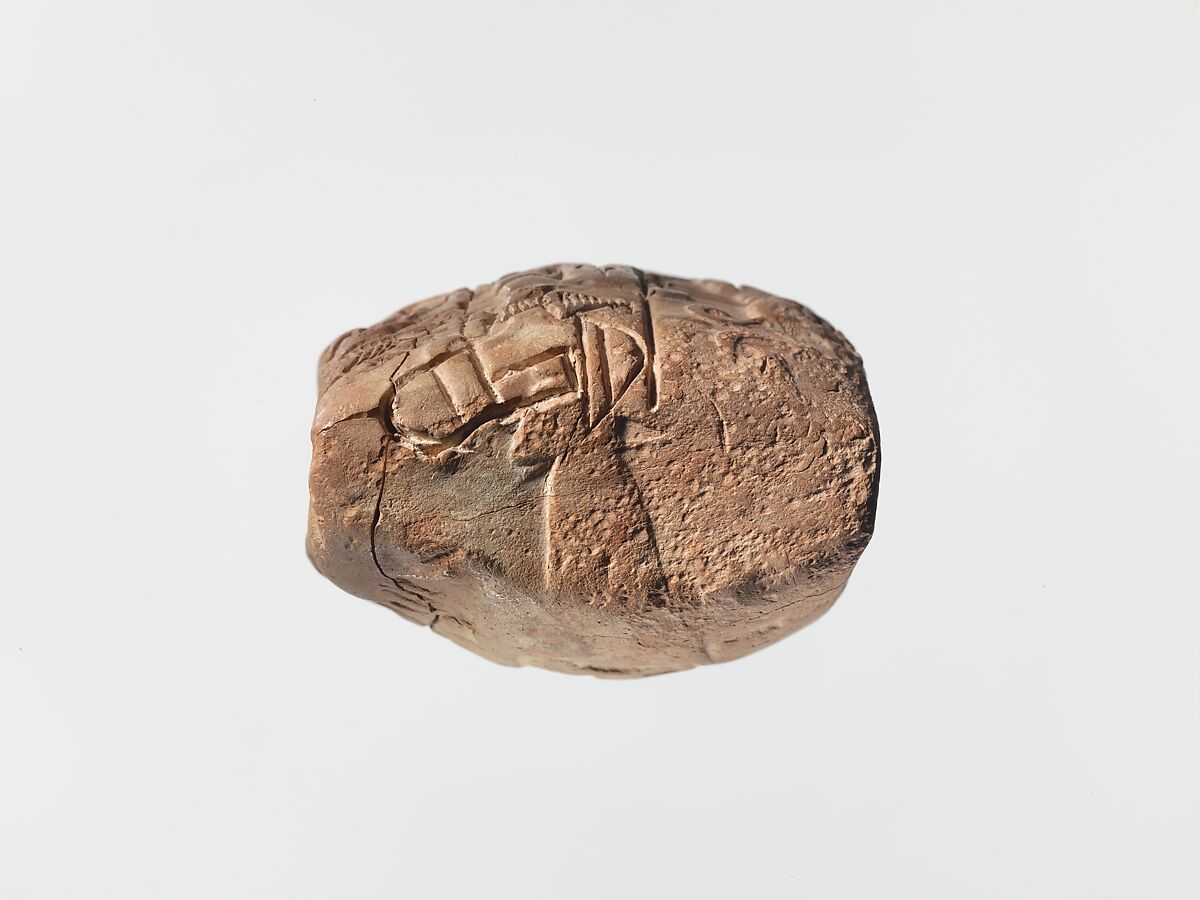 Proto-Cuneiform tablet with seal impressions: administrative account of barley distribution with cylinder seal impression of a male figure, hunting dogs, and boars, Clay, Sumerian