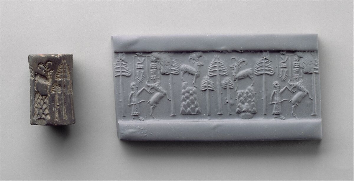 Cylinder seal and modern impression: hunting scene, Chert, Akkadian 