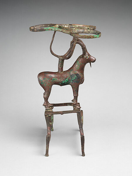 Vessel stand with ibex support, Copper alloy, inlaid with shell (lambis truncata) and lapis lazuli, Sumerian