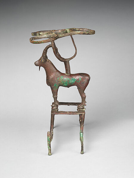 Vessel stand with ibex support, Copper alloy, inlaid with shell (lambis truncata) and lapis lazuli, Sumerian