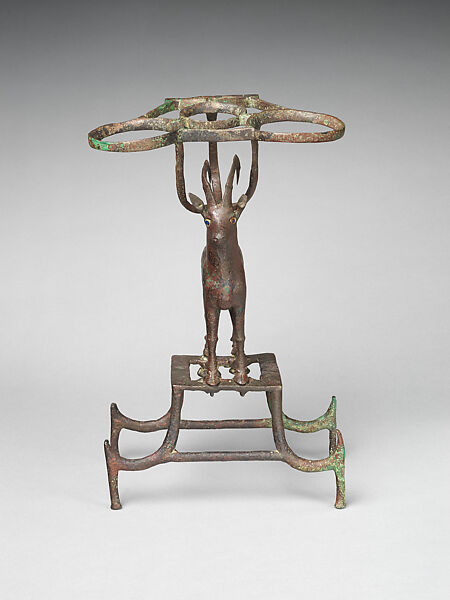 Vessel stand with ibex support, Copper alloy, inlaid with shell (lambis truncata) and lapis lazuli, Sumerian