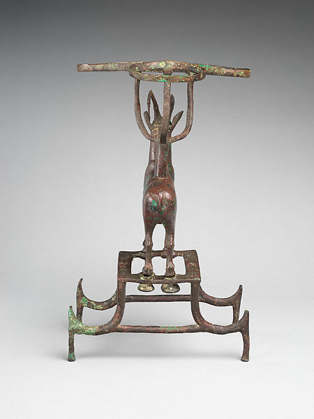 Vessel stand with ibex support, Copper alloy, inlaid with shell (lambis truncata) and lapis lazuli, Sumerian