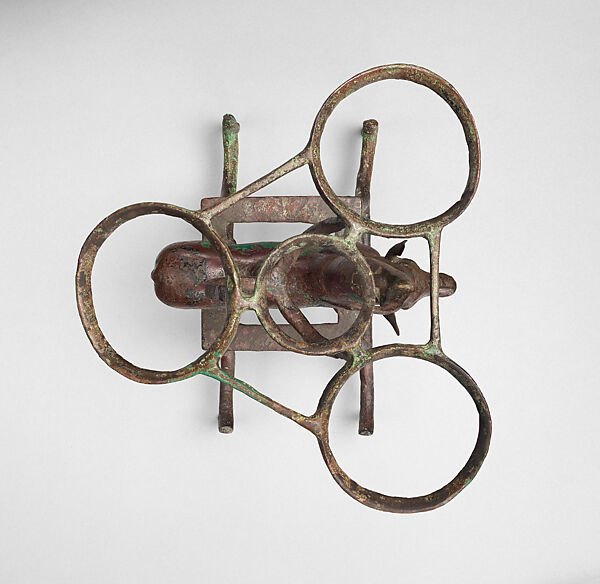 Vessel stand with ibex support, Copper alloy, inlaid with shell (lambis truncata) and lapis lazuli, Sumerian