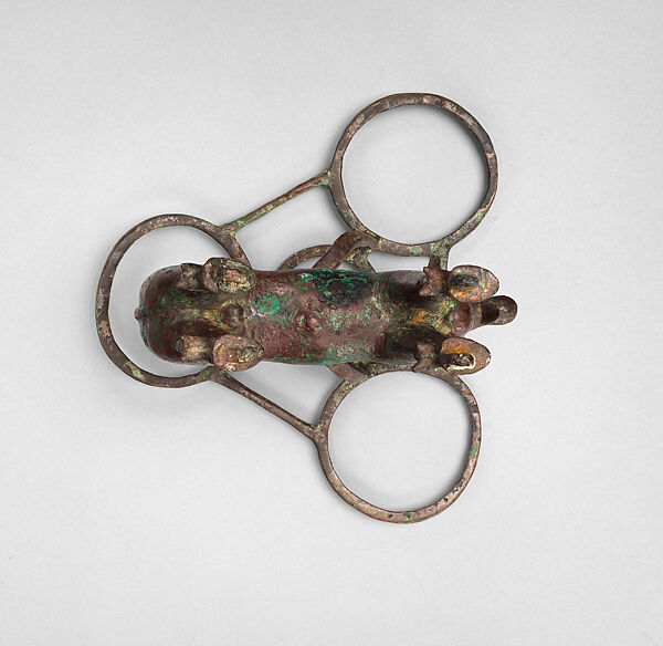 Vessel stand with ibex support, Copper alloy, inlaid with shell (lambis truncata) and lapis lazuli, Sumerian