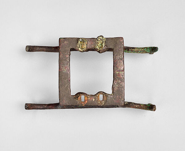 Vessel stand with ibex support, Copper alloy, inlaid with shell (lambis truncata) and lapis lazuli, Sumerian