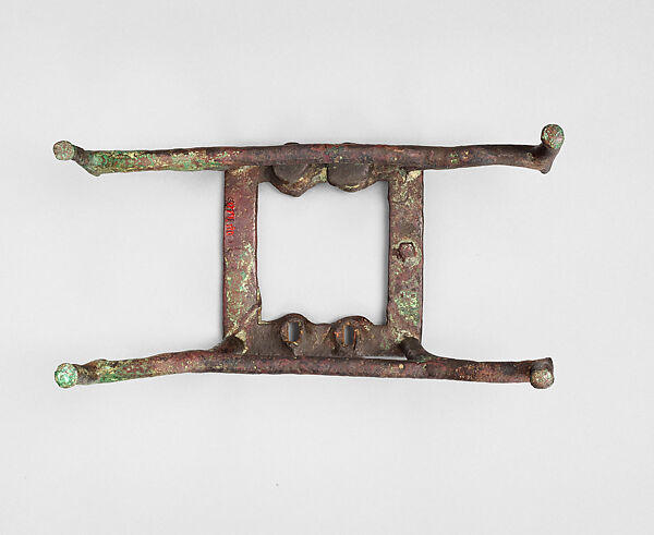 Vessel stand with ibex support, Copper alloy, inlaid with shell (lambis truncata) and lapis lazuli, Sumerian