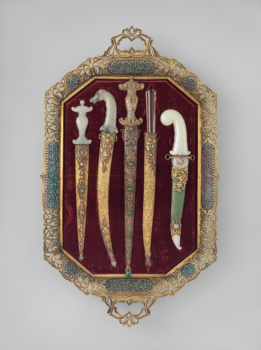 Tray of Jeweled Daggers, Steel, copper alloy, gold, silver, jade, rock crystal, gemstones, glass, Turkish