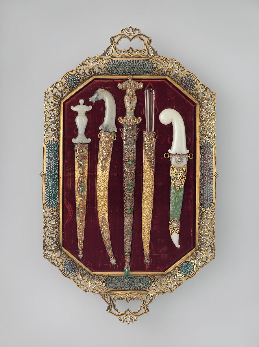 Tray of Jeweled Daggers, Steel, copper alloy, gold, silver, jade, rock crystal, gemstones, glass, Turkish 