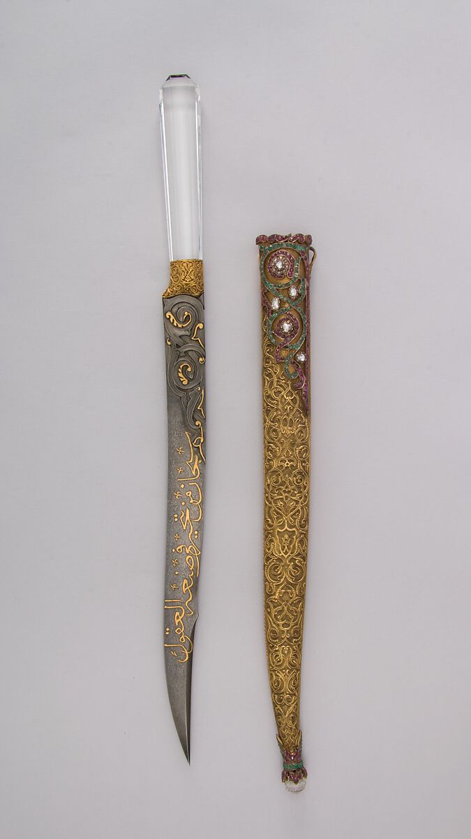 Dagger (Kard) with Shealth, Steel, gold, rock crystal, ruby, emerald, Blade, Iranian; hilt and scabbard, Turkish