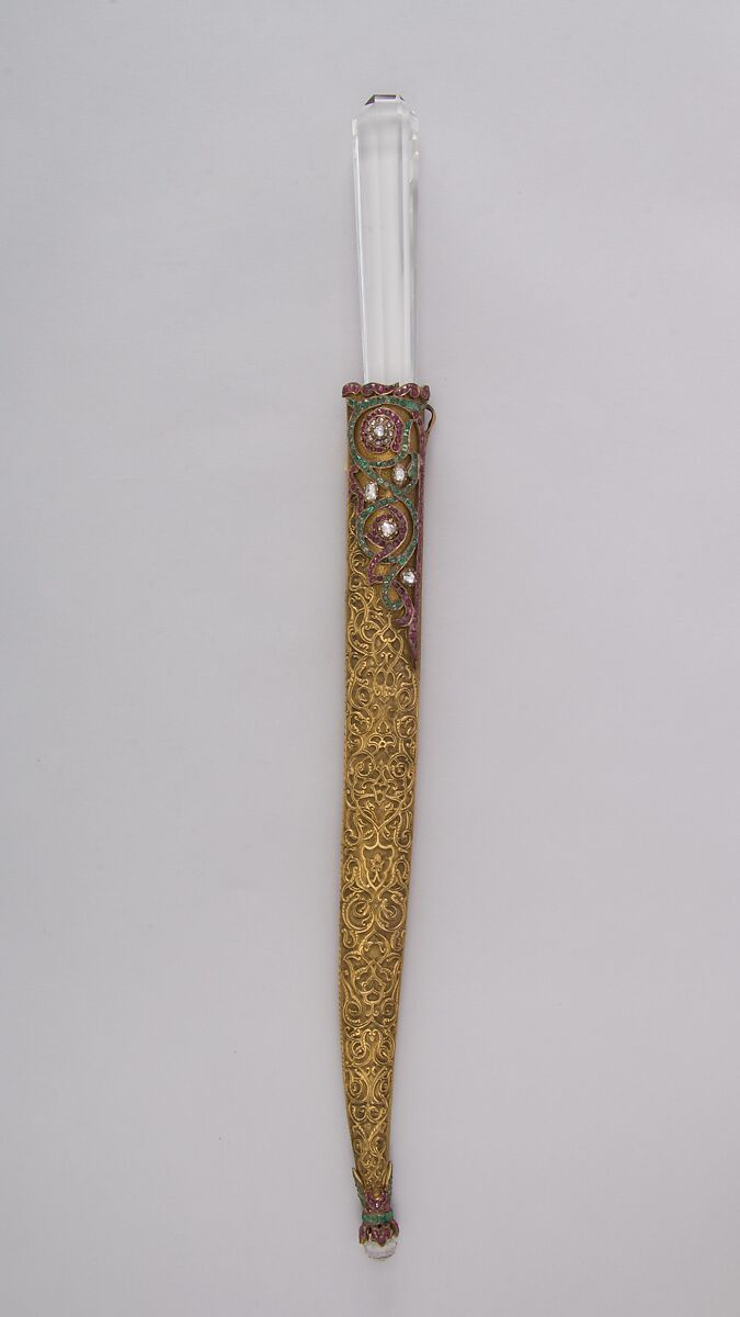 Dagger (Kard) with Shealth, Steel, gold, rock crystal, ruby, emerald, Blade, Iranian; hilt and scabbard, Turkish