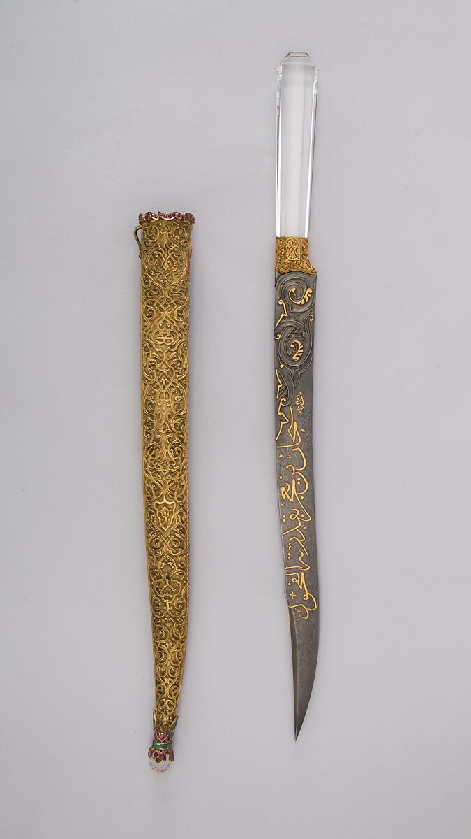 Dagger (Kard) with Shealth, Steel, gold, rock crystal, ruby, emerald, Blade, Iranian; hilt and scabbard, Turkish