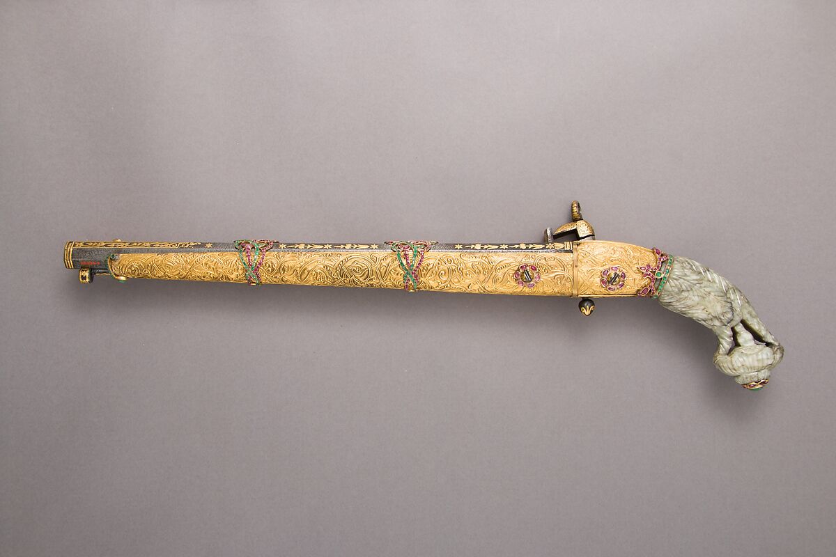 Miquelet Pistol, Steel, nephrite, gold, emeralds, garnets, gold, Turkish