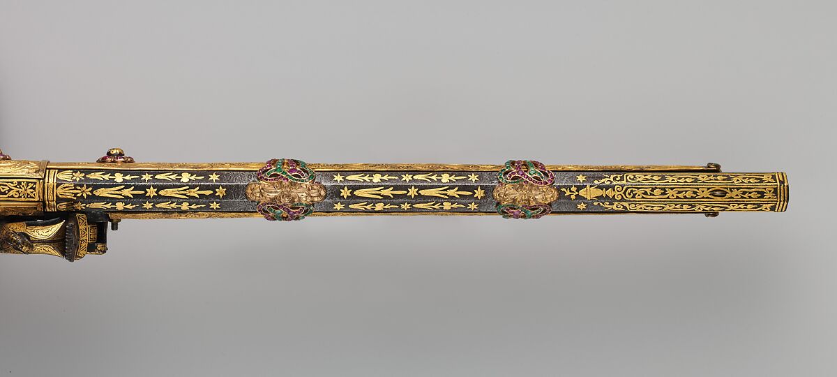 Miquelet Pistol, Steel, nephrite, gold, emeralds, garnets, gold, Turkish