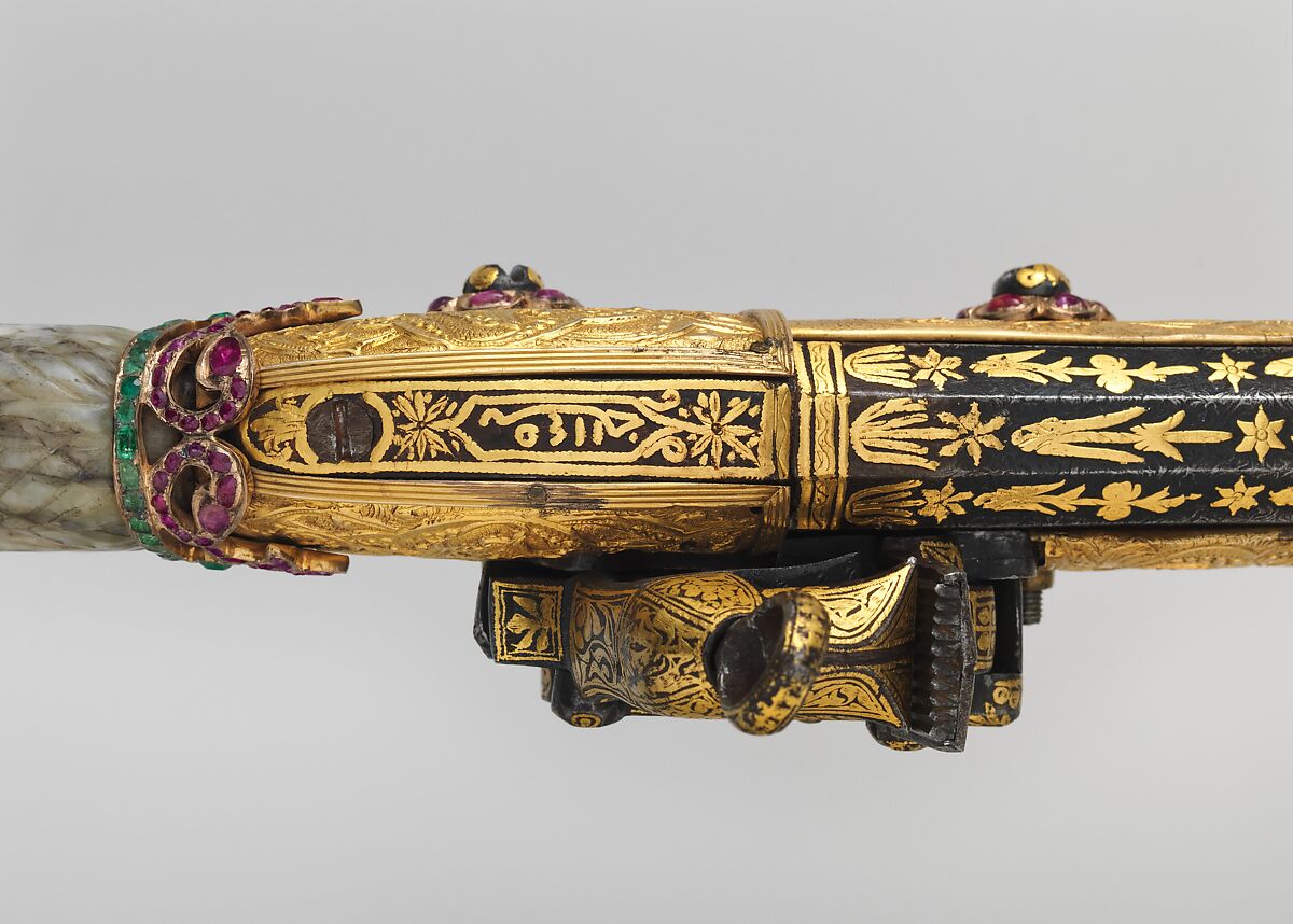 Miquelet Pistol, Steel, nephrite, gold, emeralds, garnets, gold, Turkish