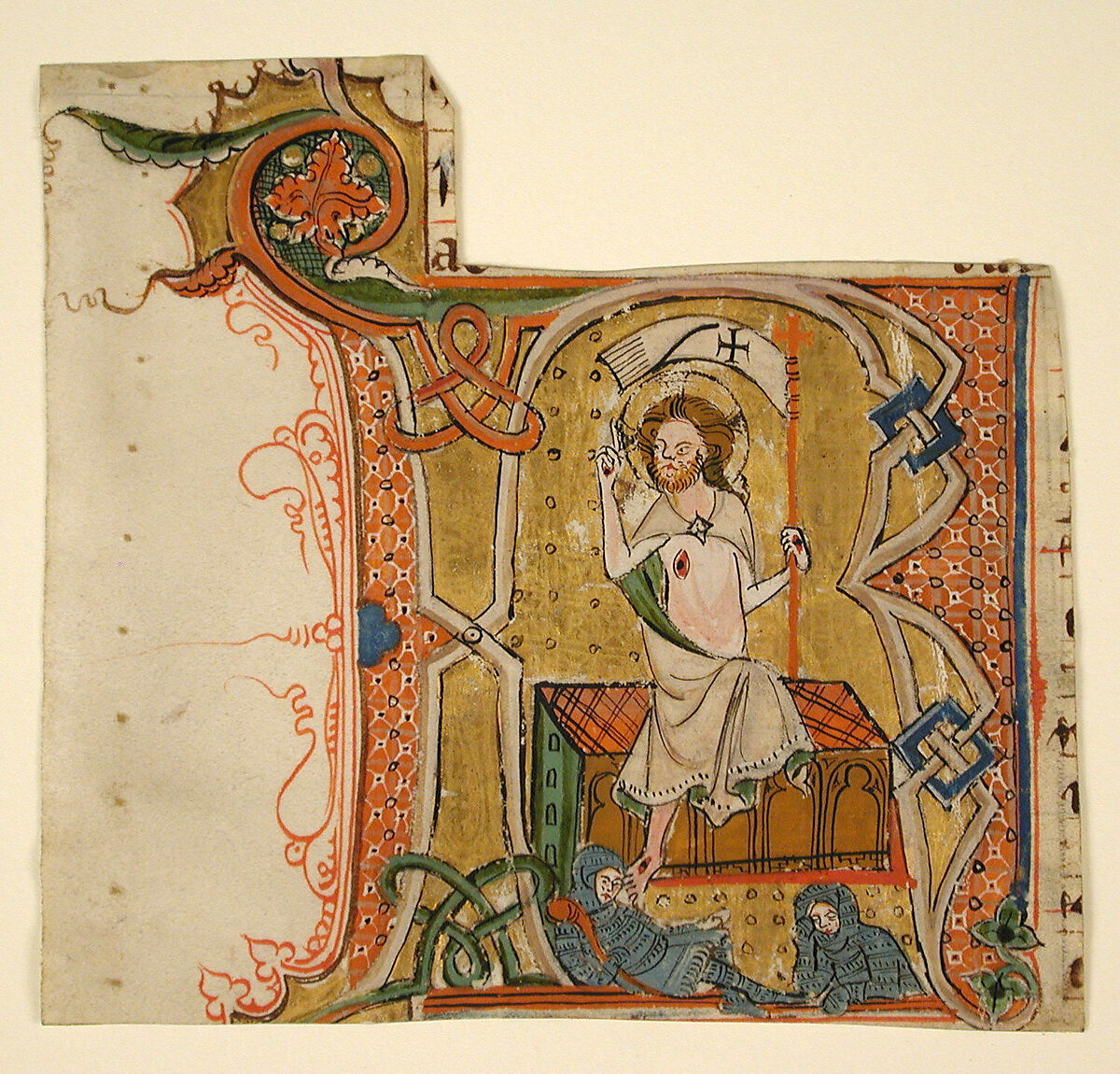 Manuscript Leaf Showing an Illuminated Initial R with The Resurrection, Parchment, tempera, ink, metal leaf, Rhenish 