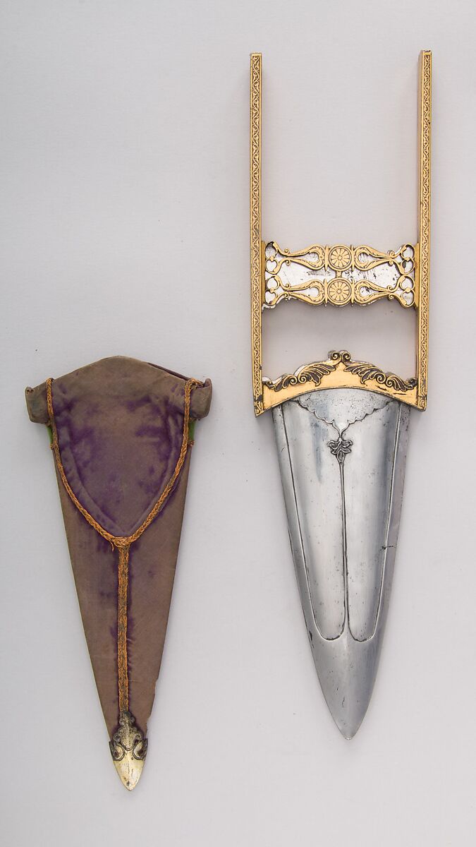 Dagger (Katar) with Sheath and Blade, Steel, gold, wood, textile (velvet), South Indian
