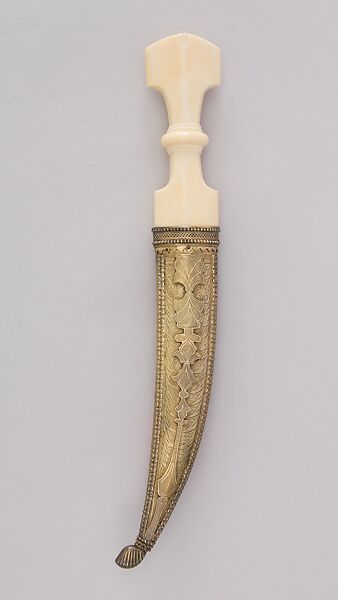 Dagger (Jambiya) with Scabbard, Steel, ivory, wood, silver, gold, rubies, emeralds, hilt and scabbard, Arabian, Jedda; blade, Iranian or Turkish