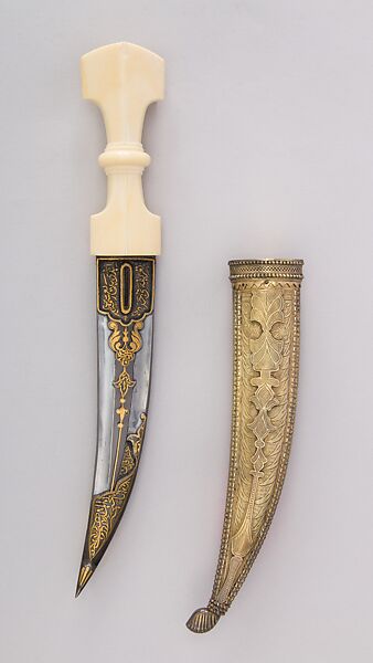 Dagger (Jambiya) with Scabbard, Steel, ivory, wood, silver, gold, rubies, emeralds, hilt and scabbard, Arabian, Jedda; blade, Iranian or Turkish