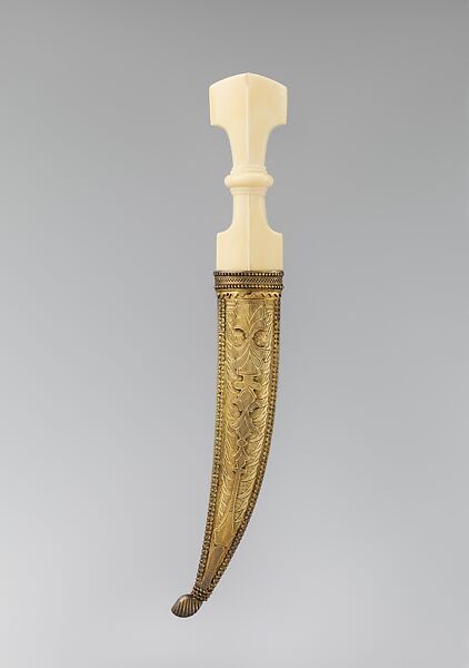 Dagger (Jambiya) with Scabbard, Steel, ivory, wood, silver, gold, rubies, emeralds, hilt and scabbard, Arabian, Jedda; blade, Iranian or Turkish