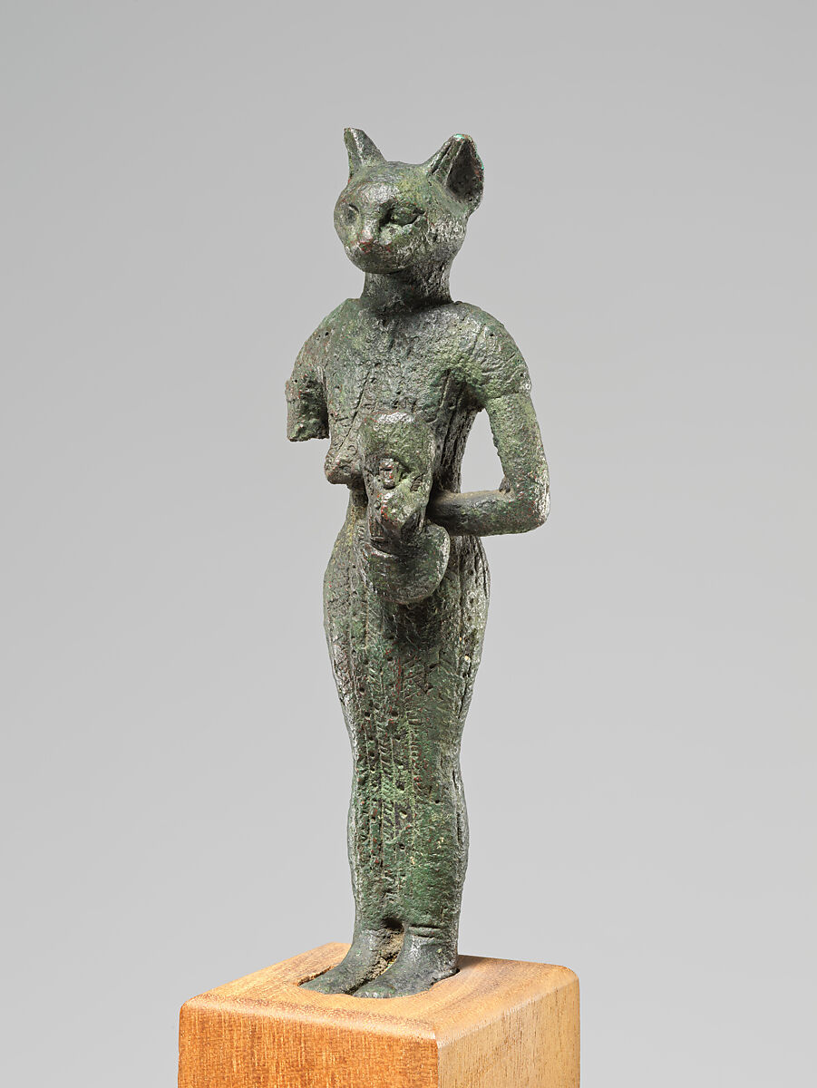 Bastet holding aegis and basket, Cupreous metal