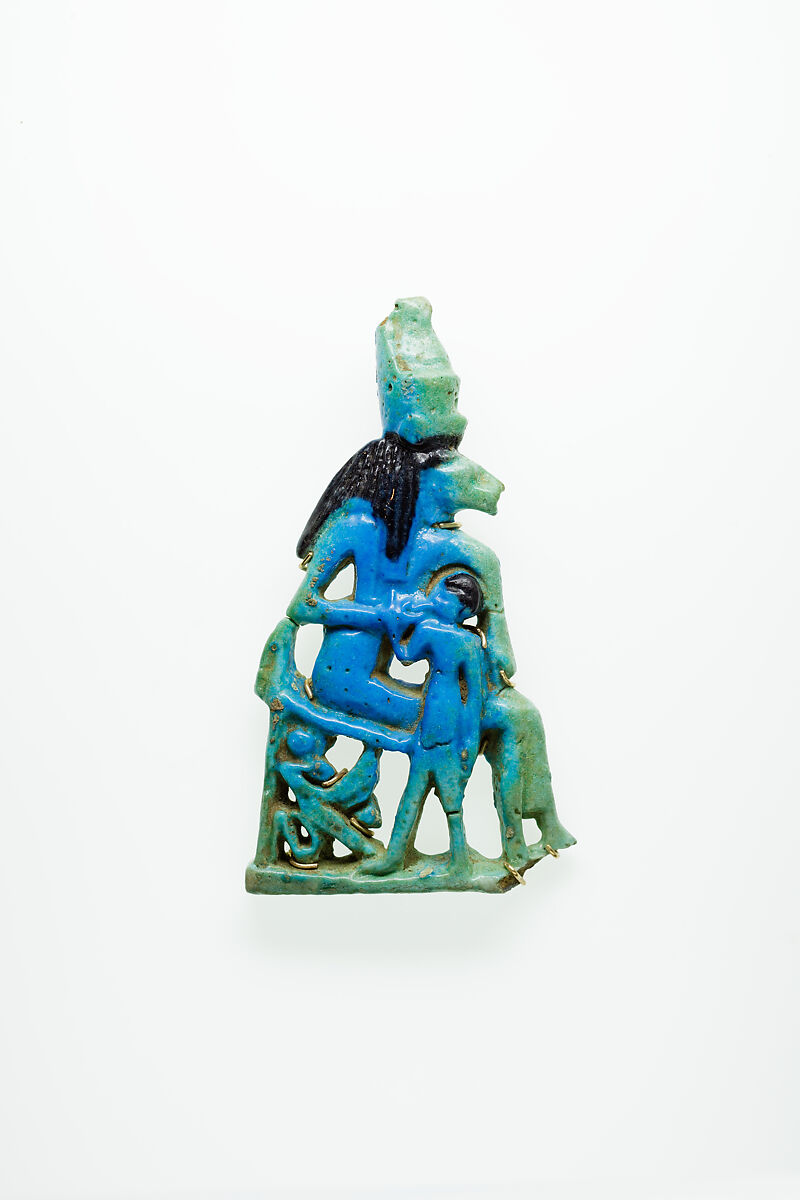 Lion-headed goddess suckling the king, Faience