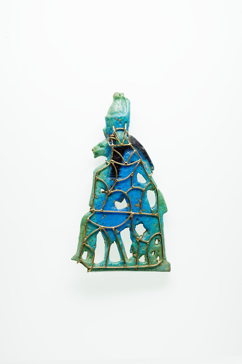 Lion-headed goddess suckling the king, Faience