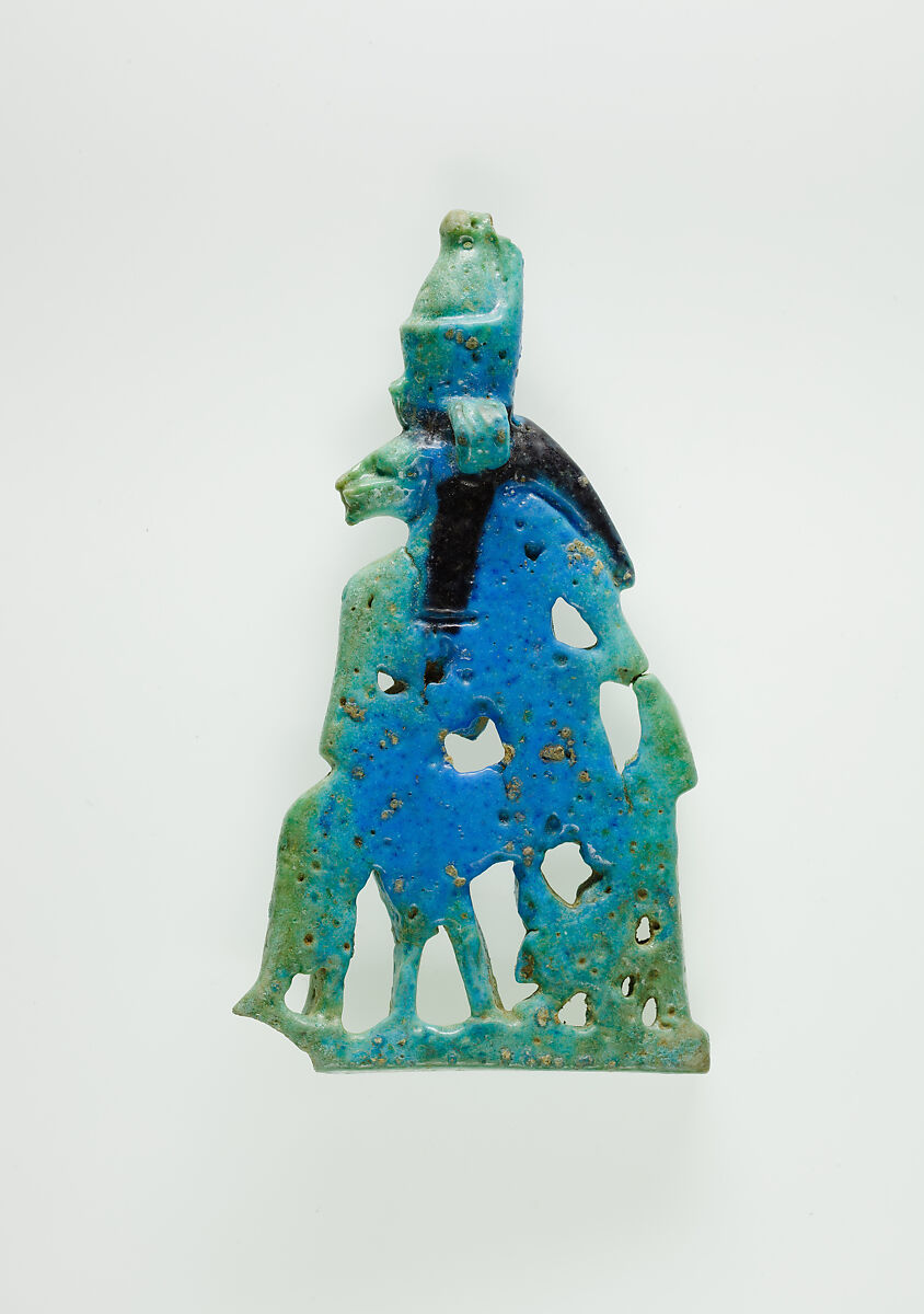 Lion-headed goddess suckling the king, Faience