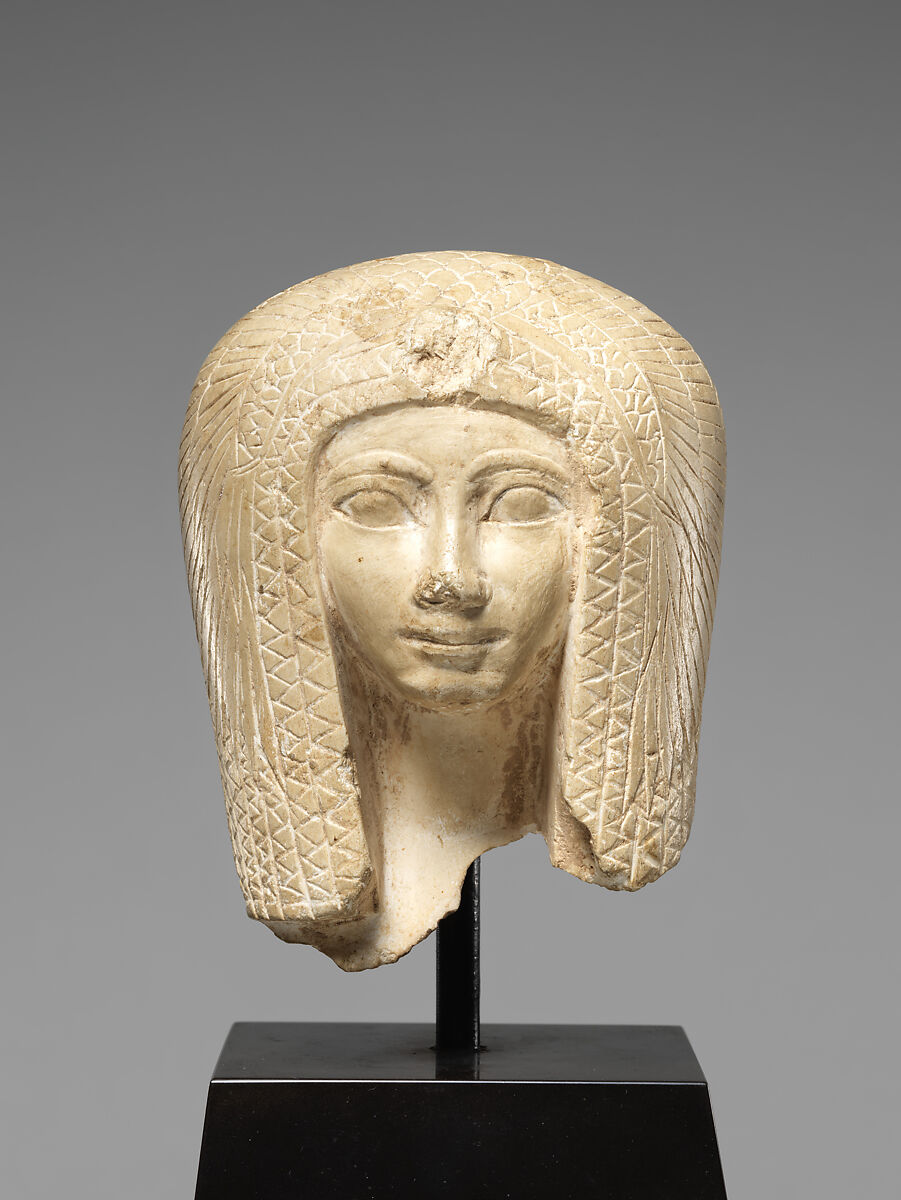 Head of a Queen Wearing a Vulture Headdress, Limestone,  paint
