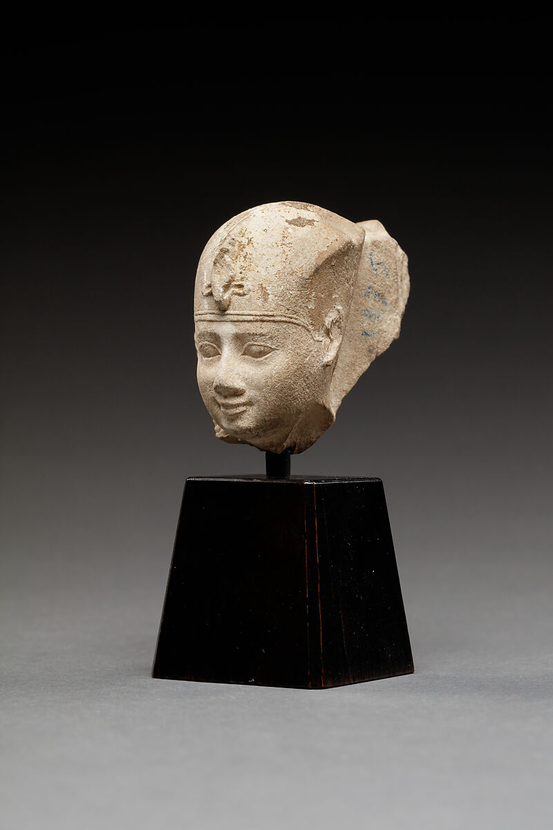 Head of a Harpokrates with a Blue Crown and Sidelock, Limestone
