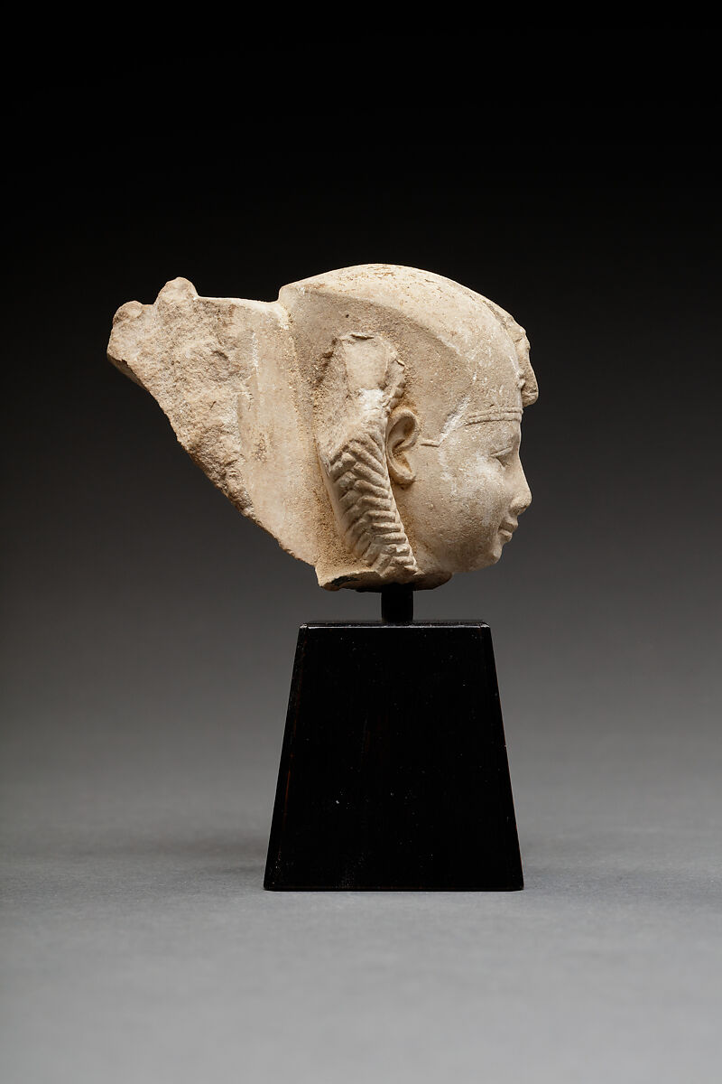 Head of a Harpokrates with a Blue Crown and Sidelock, Limestone