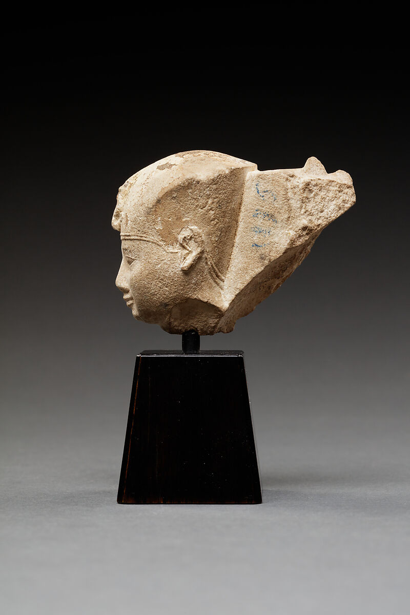 Head of a Harpokrates with a Blue Crown and Sidelock, Limestone