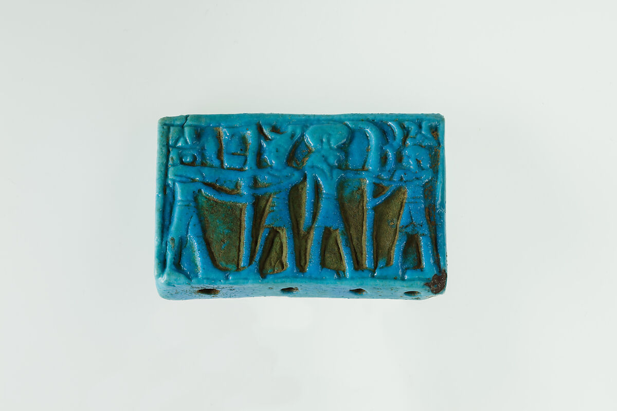 Spacer-bead with images of divinities and a king, Faience