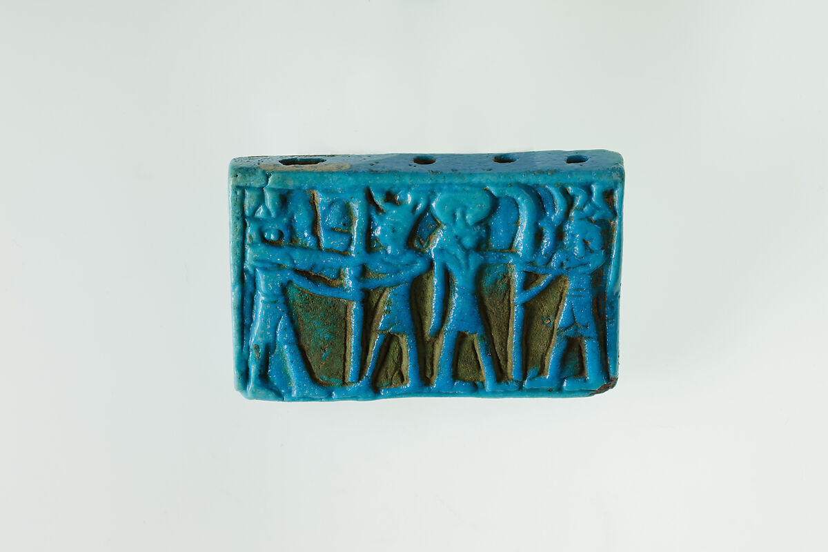 Spacer-bead with images of divinities and a king, Faience