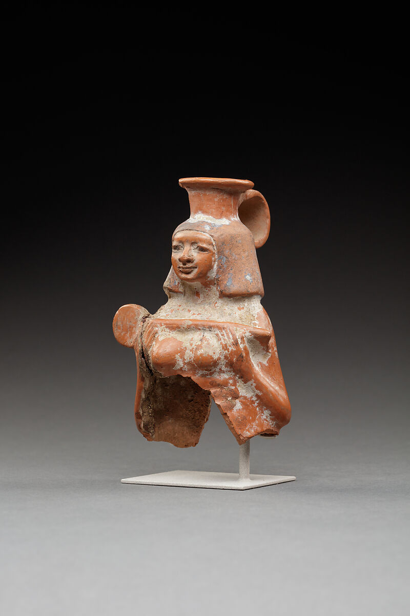 Upper Part of a Jar in the Shape of a Female Musician, Pottery, paint