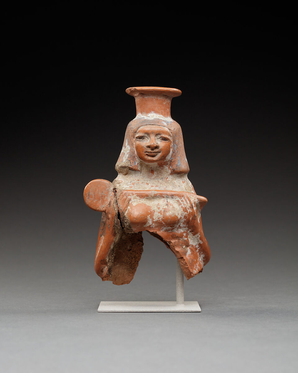 Upper Part of a Jar in the Shape of a Female Musician, Pottery, paint