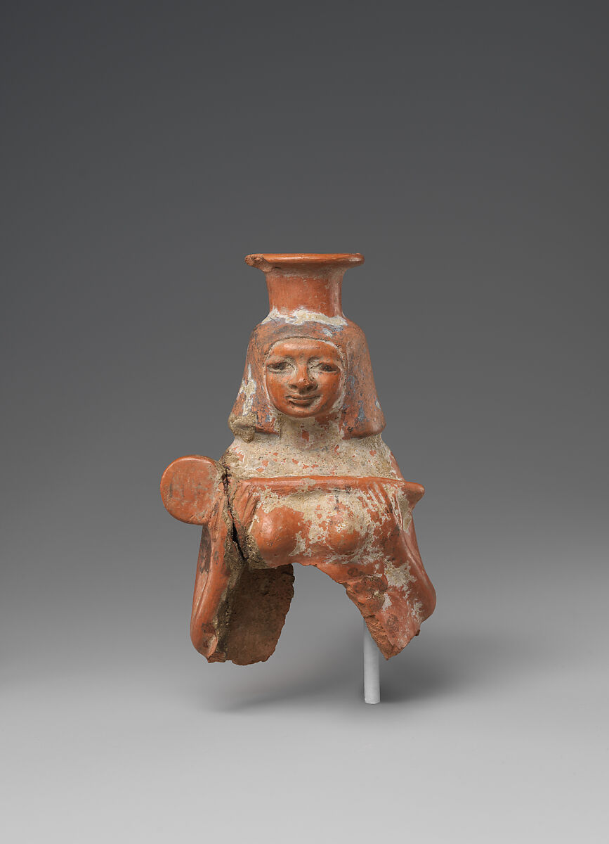 Upper Part of a Jar in the Shape of a Female Musician, Pottery, paint