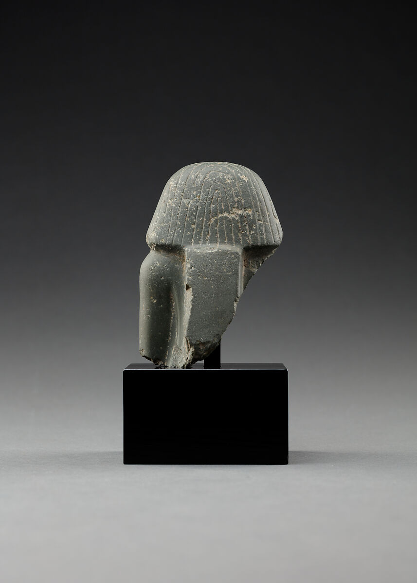Upper part of a male seated figure, Fine-grained grey stone (graywacke?)