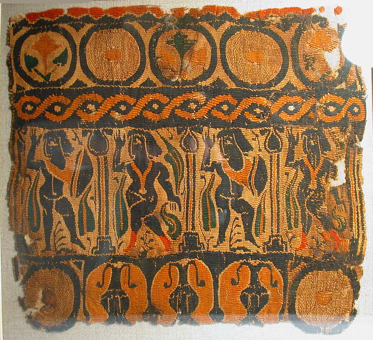 Four standing figures in an arcade, Tapestry weave, linen, polychrome wool, Early Byzantine