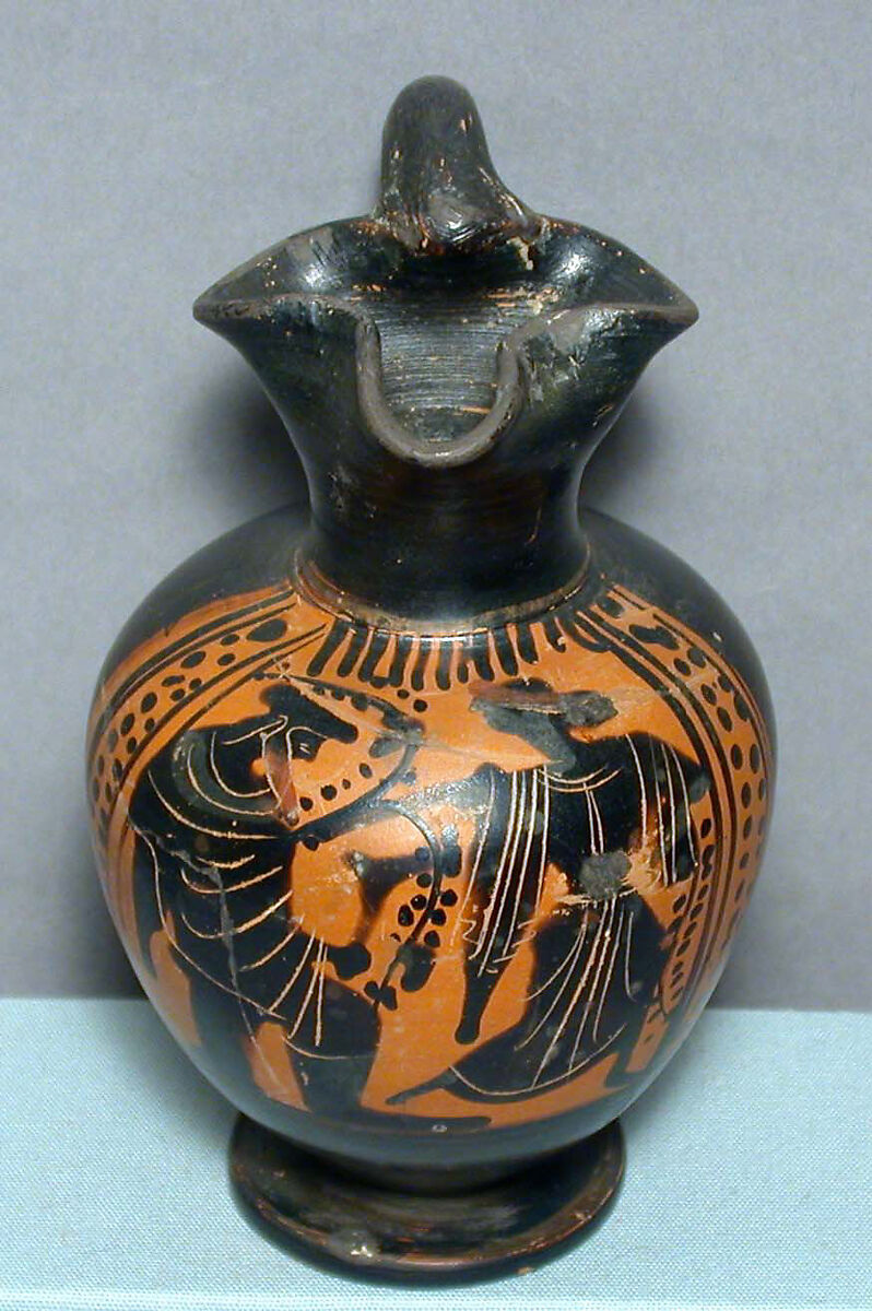 Terracotta oinochoe with trefoil mouth, Terracotta, Greek, Attic 